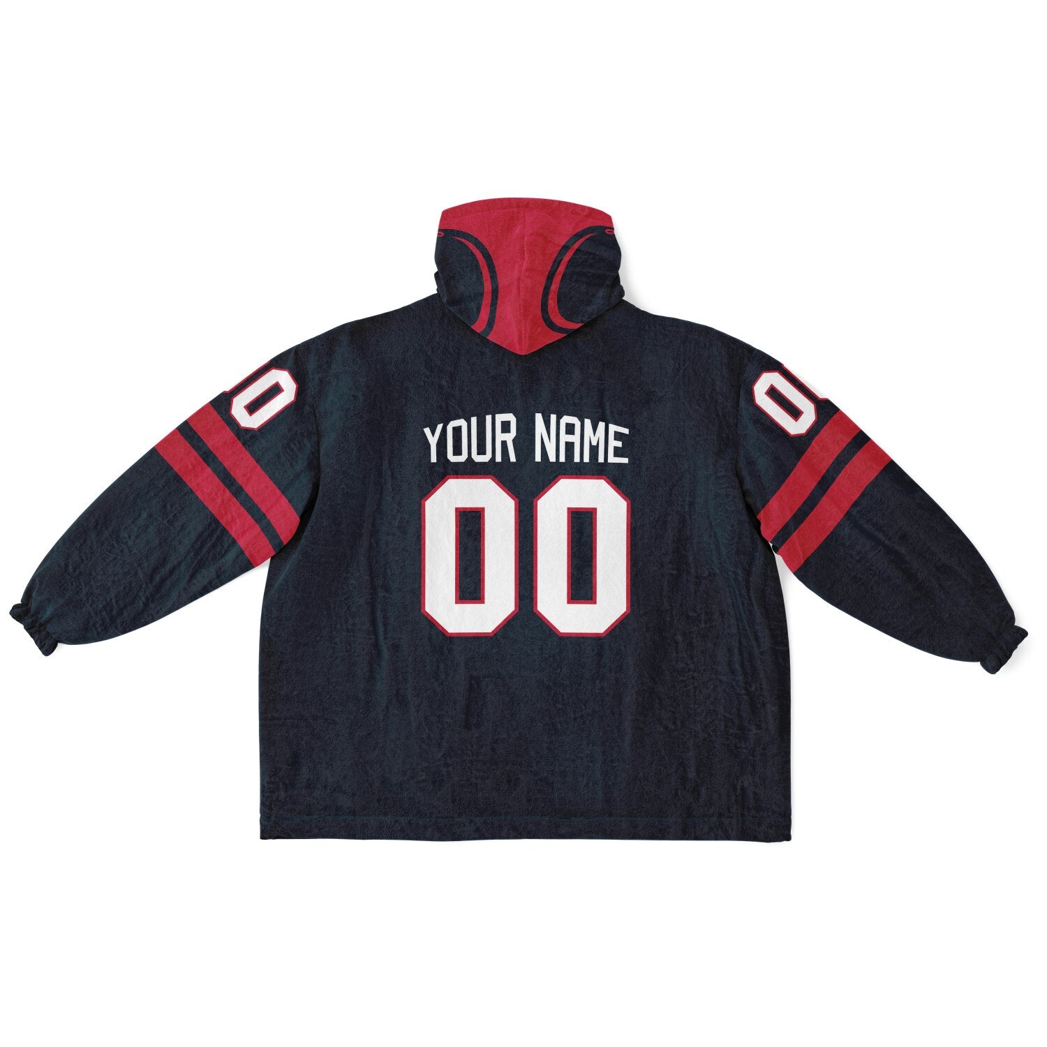 Deep steel blue and red classic snug hoodie featuring jersey-style stripes and personalized name and number.