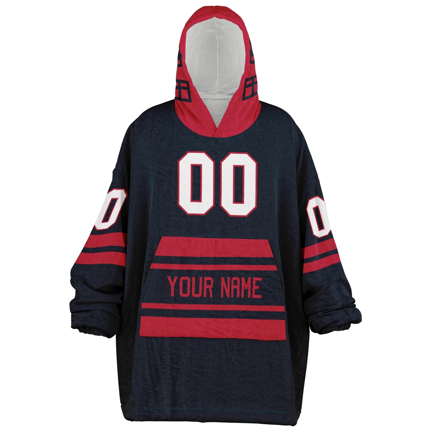 Deep steel blue and red classic snug hoodie featuring jersey-style stripes and personalized name and number.