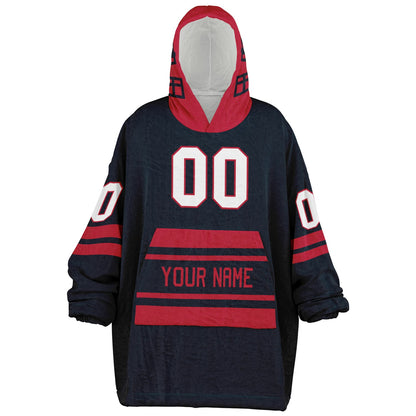 Deep steel blue and red classic snug hoodie featuring jersey-style stripes and personalized name and number.