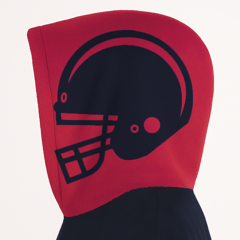 Deep steel blue and red classic snug hoodie featuring jersey-style stripes and personalized name and number.