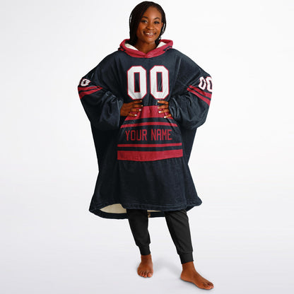 Deep steel blue and red classic snug hoodie featuring jersey-style stripes and personalized name and number.