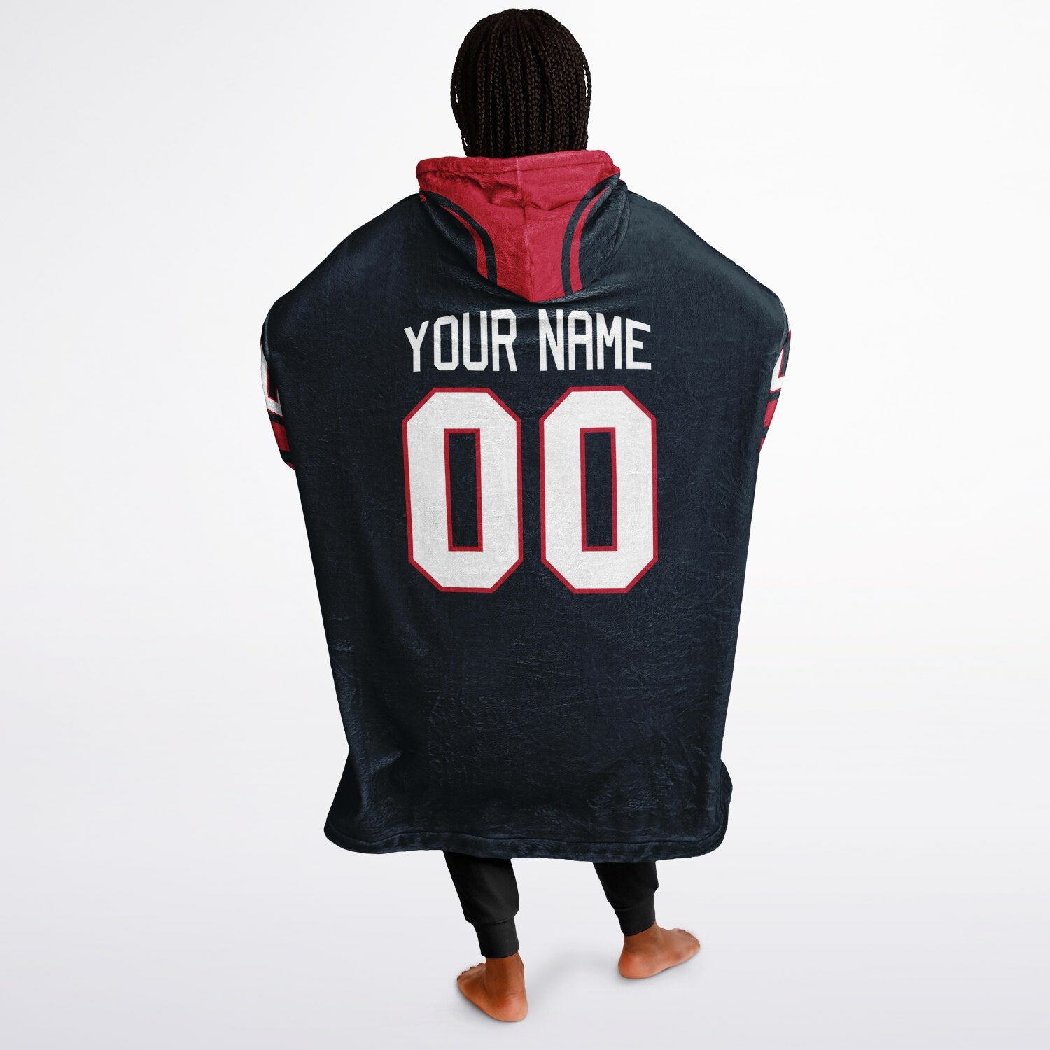Deep steel blue and red classic snug hoodie featuring jersey-style stripes and personalized name and number.