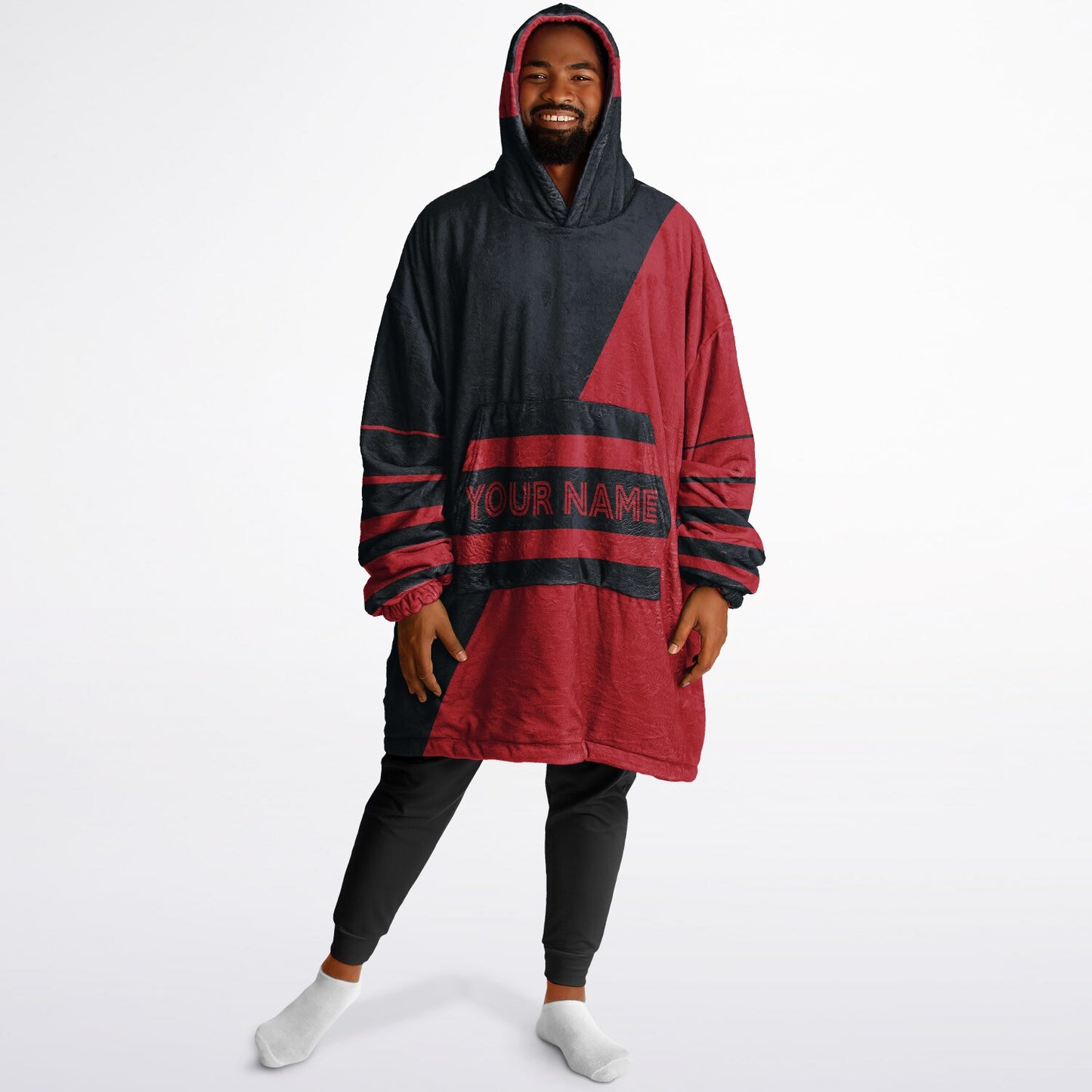 Deep steel blue and red reversible snug hoodie with soft interior lining and casual everyday style for football fans.