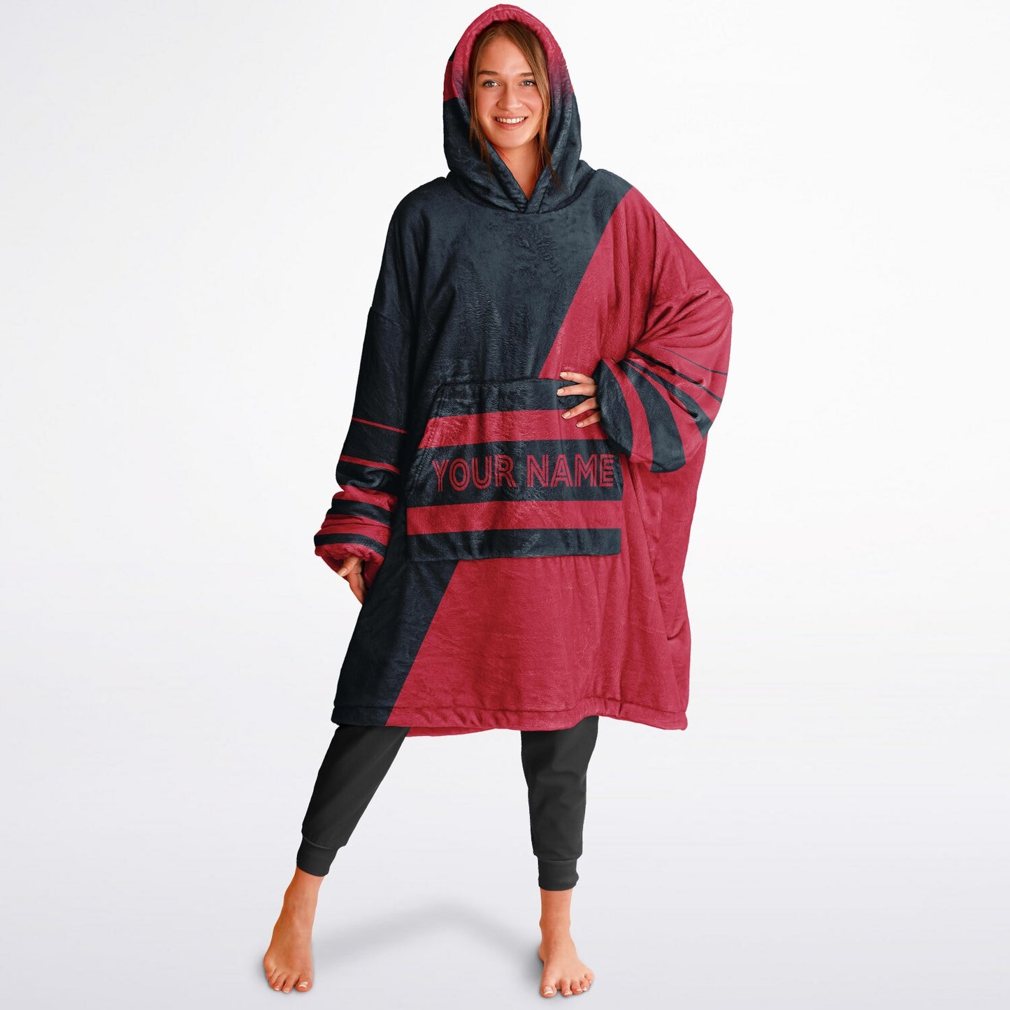 Deep steel blue and red reversible snug hoodie with soft interior lining and casual everyday style for football fans.