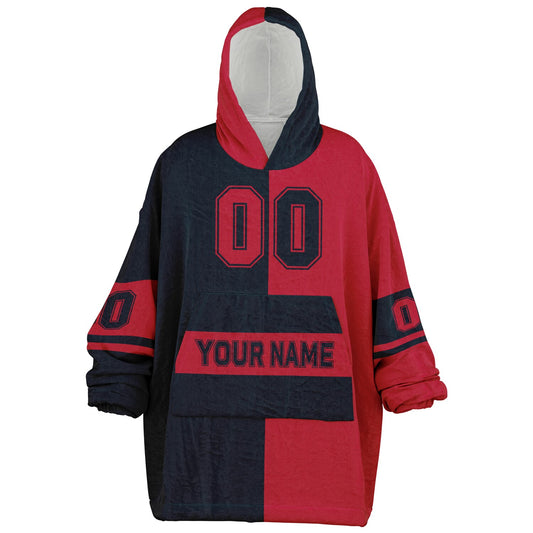 Deep steel blue and red halftime snug hoodie featuring a symmetrical split design for a dynamic game-day look.