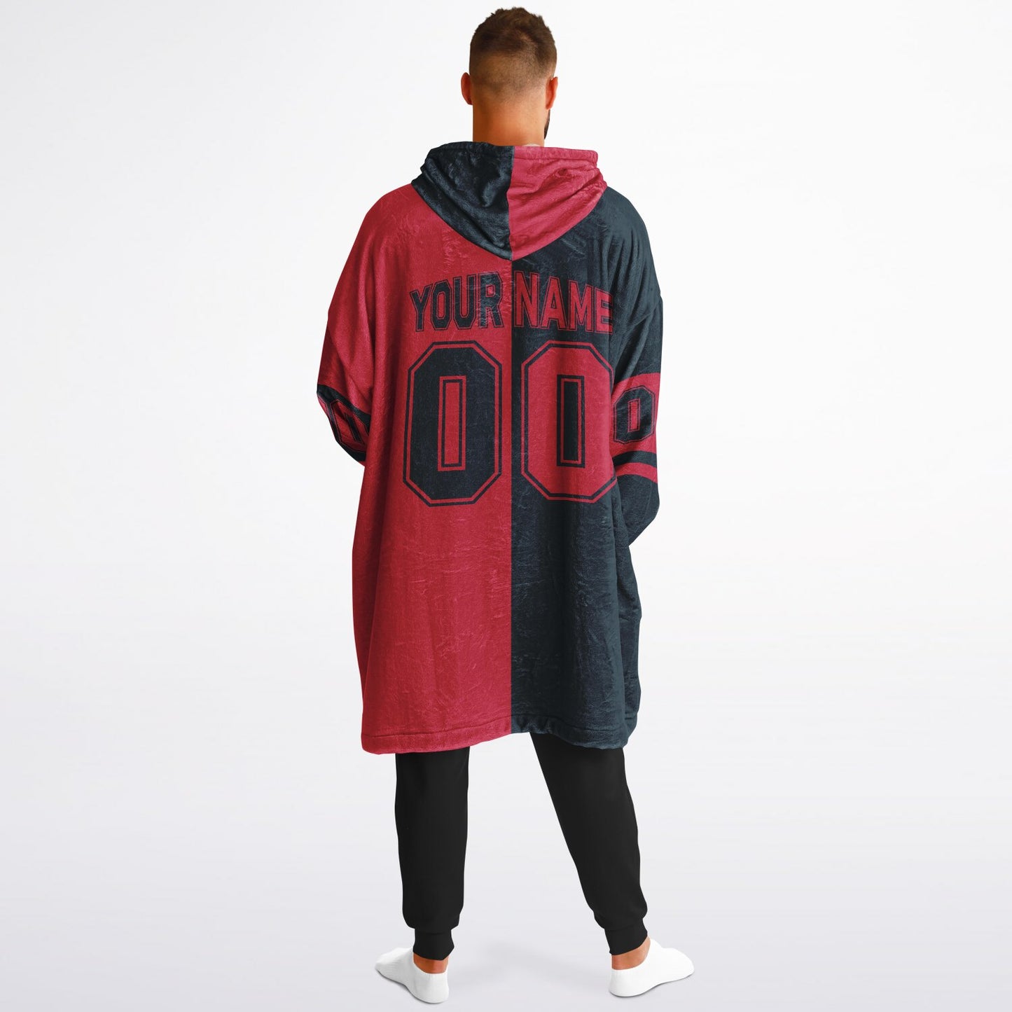 Deep steel blue and red halftime snug hoodie featuring a symmetrical split design for a dynamic game-day look.