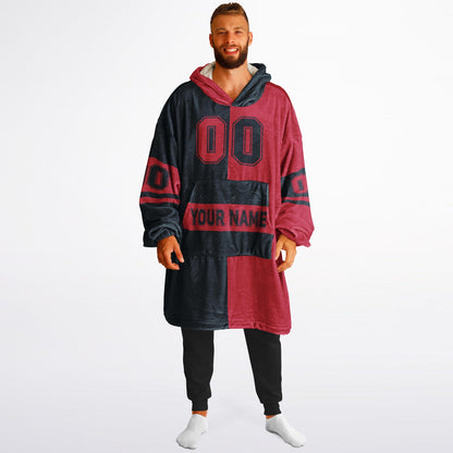 Deep steel blue and red halftime snug hoodie featuring a symmetrical split design for a dynamic game-day look.
