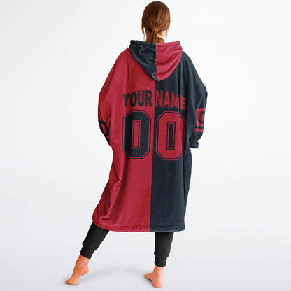 Deep steel blue and red halftime snug hoodie featuring a symmetrical split design for a dynamic game-day look.