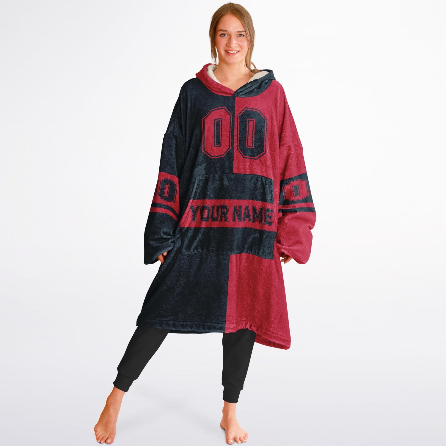 Deep steel blue and red halftime snug hoodie featuring a symmetrical split design for a dynamic game-day look.