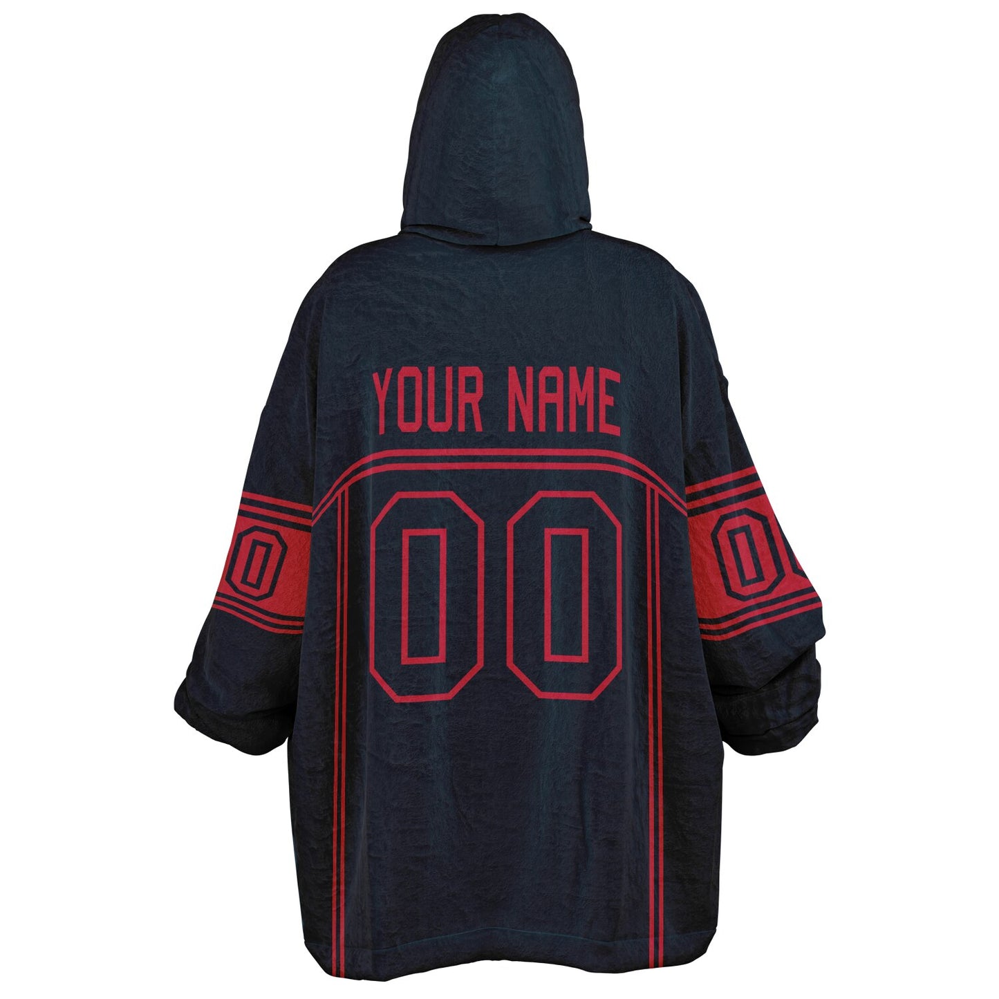Deep steel blue and red lineup snug hoodie featuring sleek line-art details and minimalist team-inspired design.
