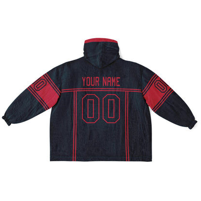 Deep steel blue and red lineup snug hoodie featuring sleek line-art details and minimalist team-inspired design.