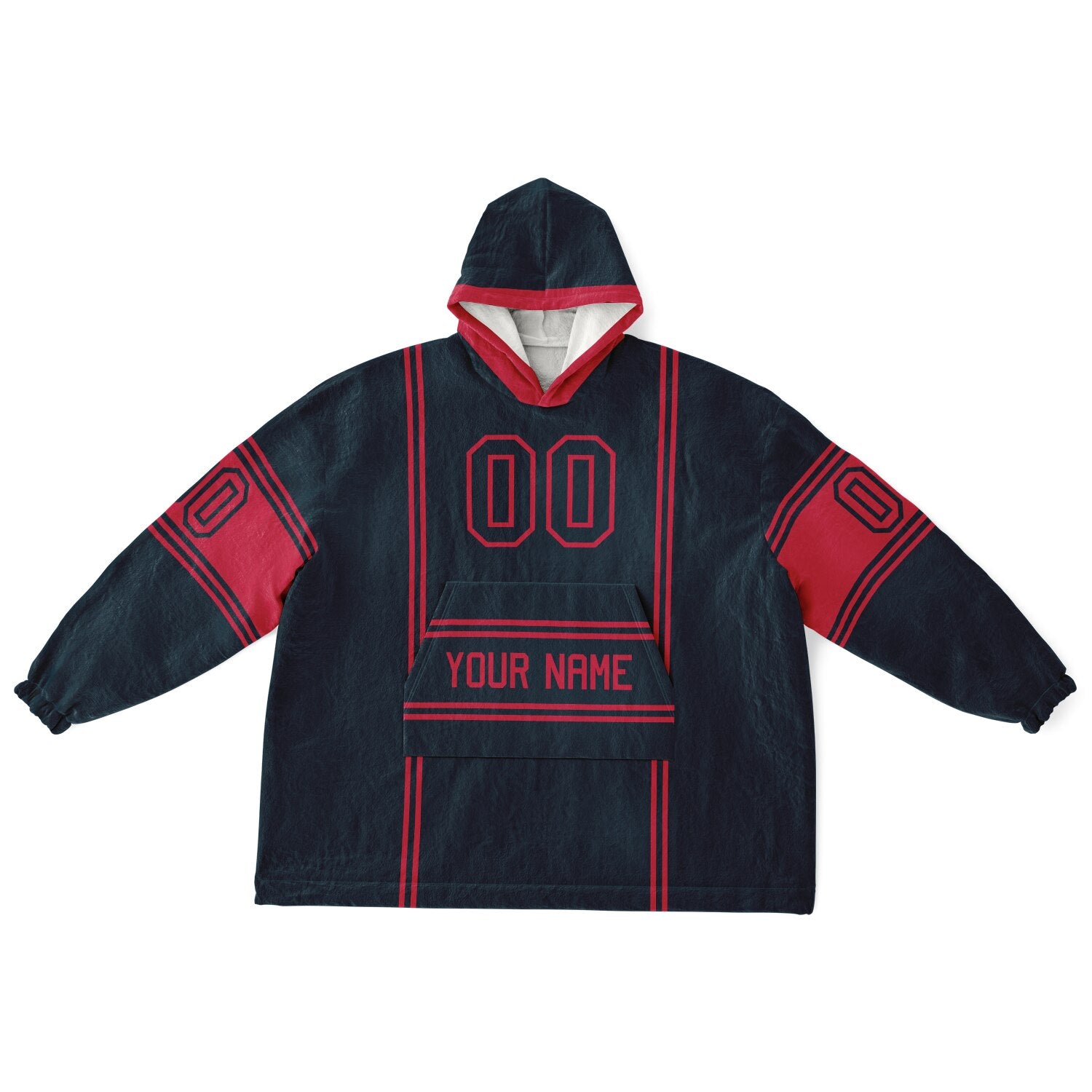 Deep steel blue and red lineup snug hoodie featuring sleek line-art details and minimalist team-inspired design.