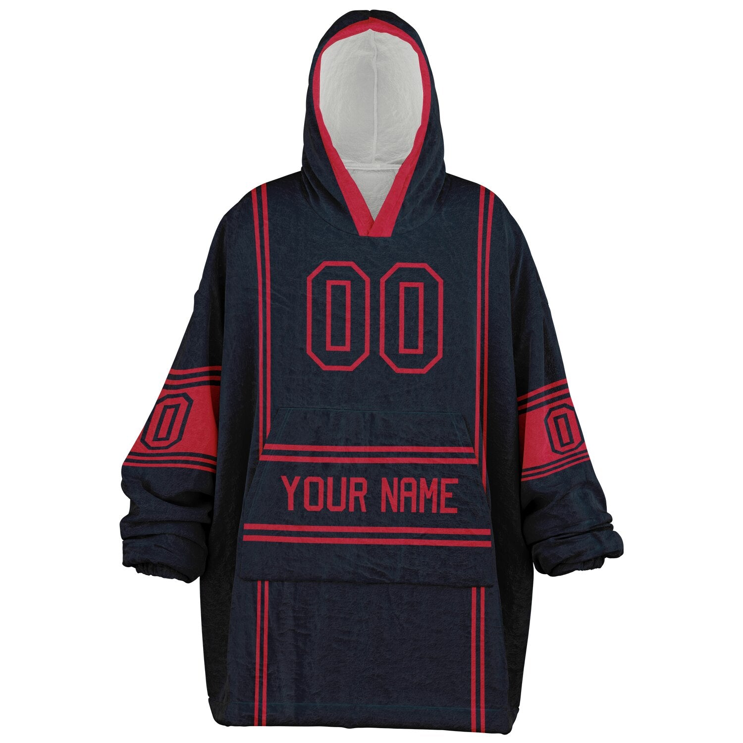 Deep steel blue and red lineup snug hoodie featuring sleek line-art details and minimalist team-inspired design.