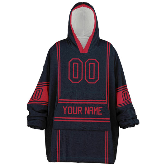 Deep steel blue and red lineup snug hoodie featuring sleek line-art details and minimalist team-inspired design.