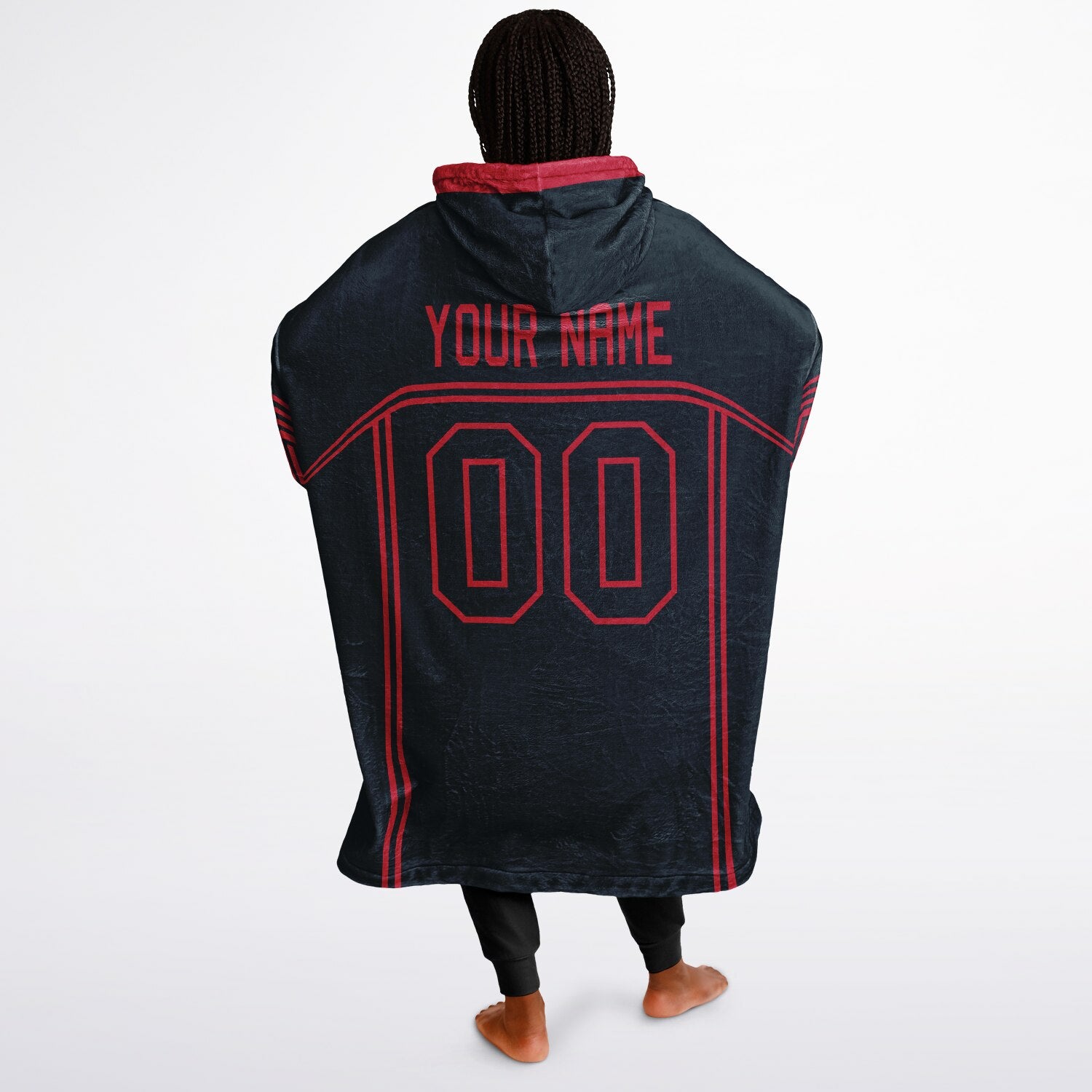 Deep steel blue and red lineup snug hoodie featuring sleek line-art details and minimalist team-inspired design.