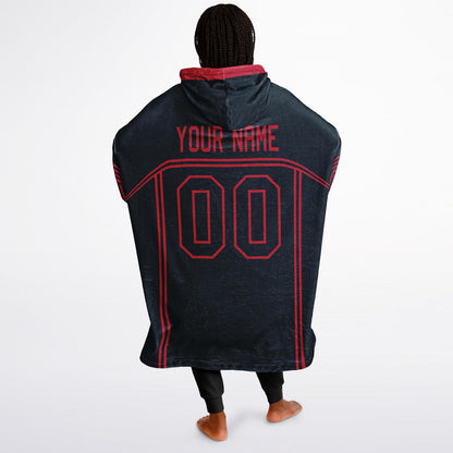 Deep steel blue and red lineup snug hoodie featuring sleek line-art details and minimalist team-inspired design.