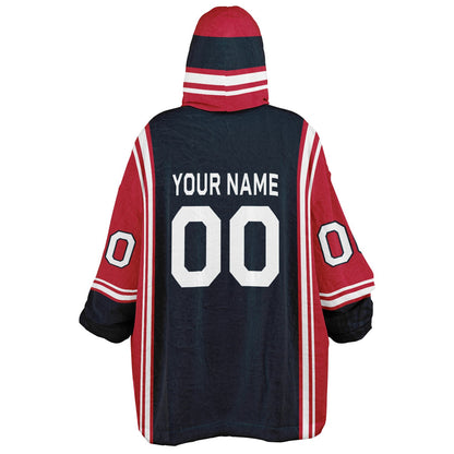 Deep steel blue, red, and white bold snug hoodie with triple color blocking and a sporty aesthetic.