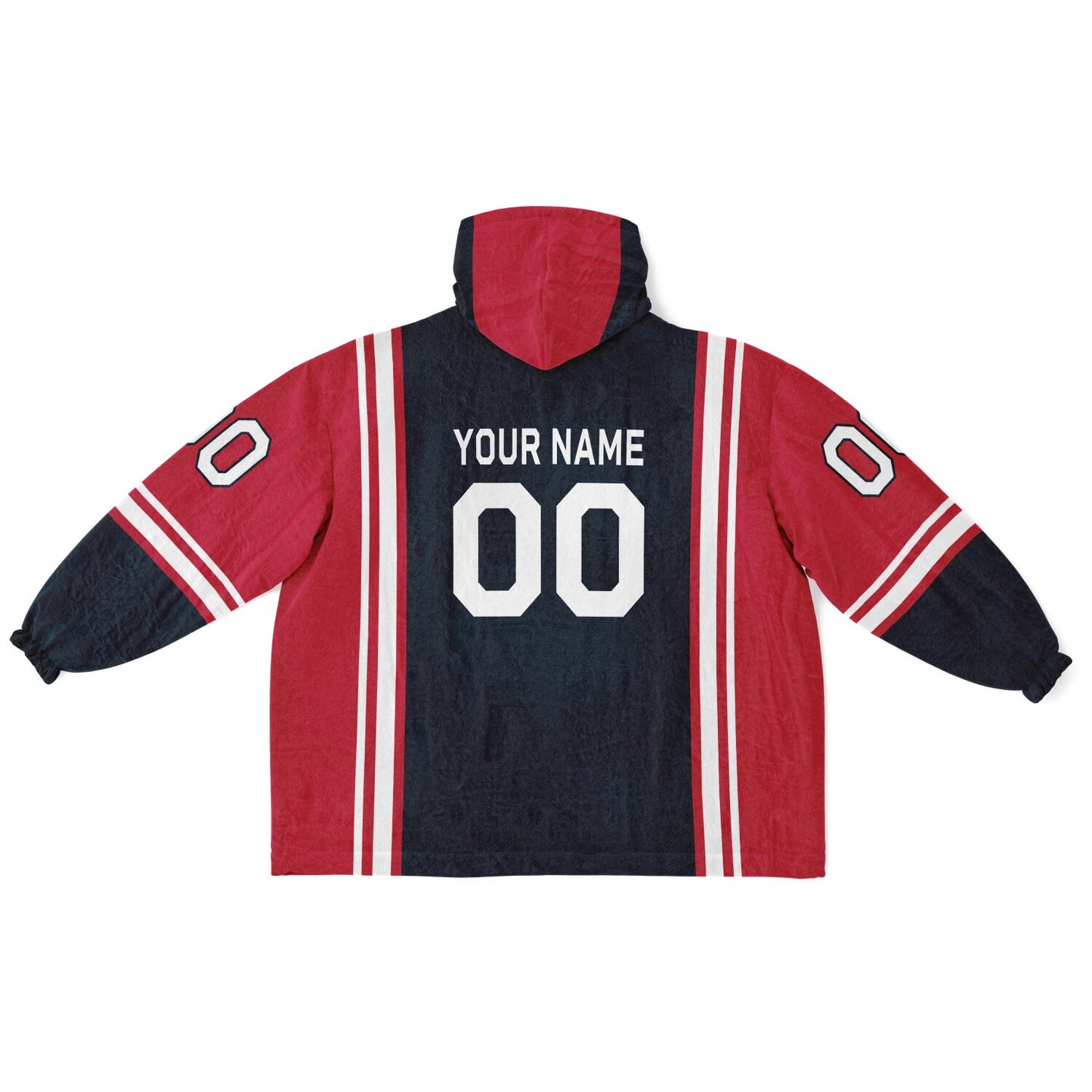 Deep steel blue, red, and white bold snug hoodie with triple color blocking and a sporty aesthetic.