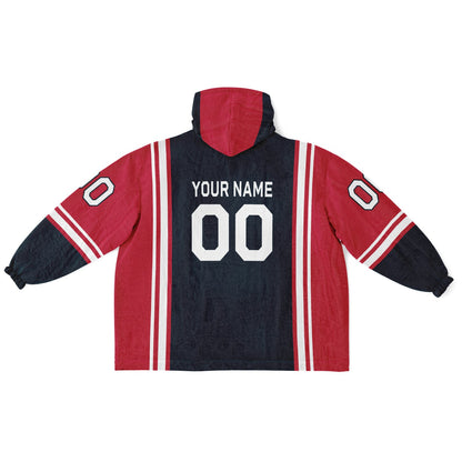 Deep steel blue, red, and white bold snug hoodie with triple color blocking and a sporty aesthetic.