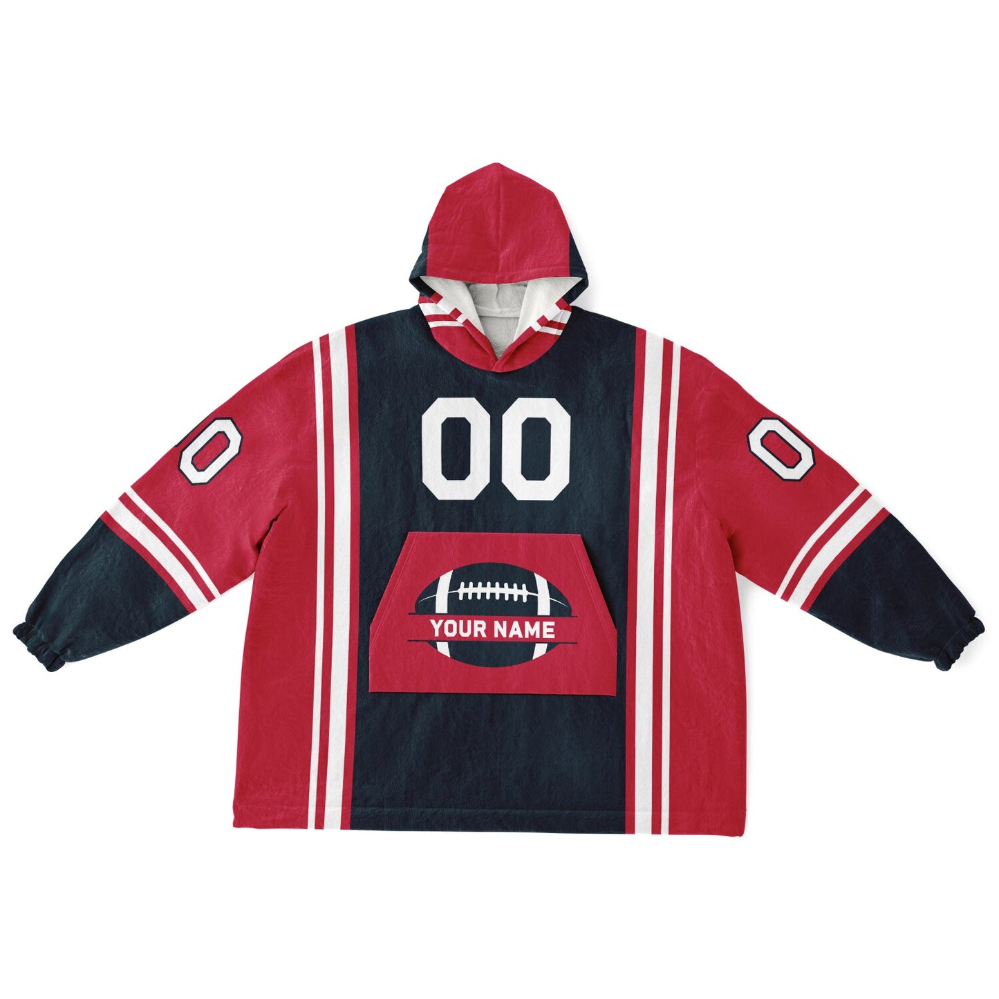 Deep steel blue, red, and white bold snug hoodie with triple color blocking and a sporty aesthetic.