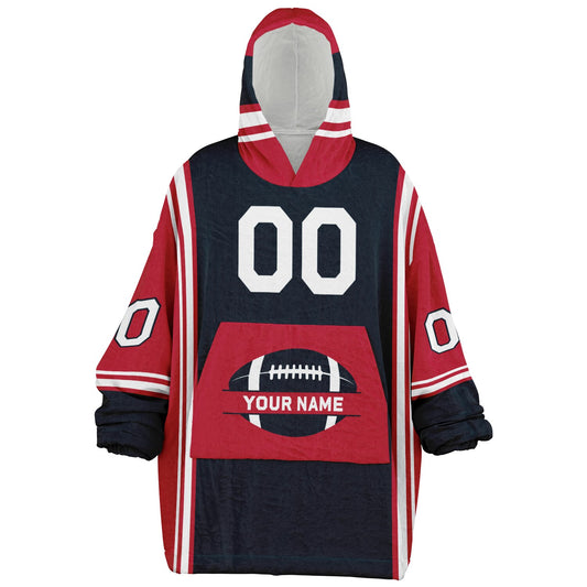 Deep steel blue, red, and white bold snug hoodie with triple color blocking and a sporty aesthetic.