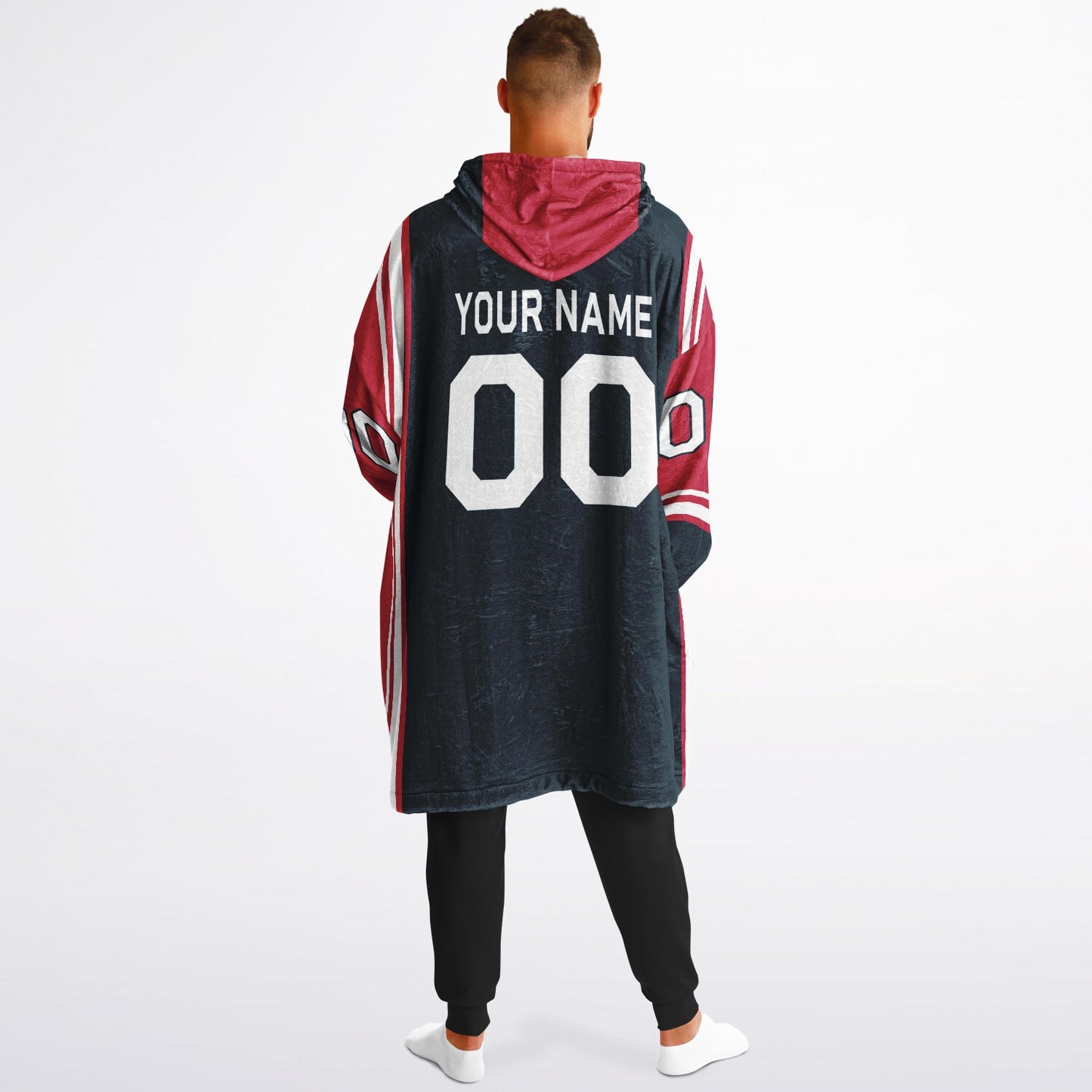 Deep steel blue, red, and white bold snug hoodie with triple color blocking and a sporty aesthetic.