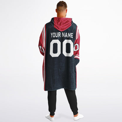 Deep steel blue, red, and white bold snug hoodie with triple color blocking and a sporty aesthetic.