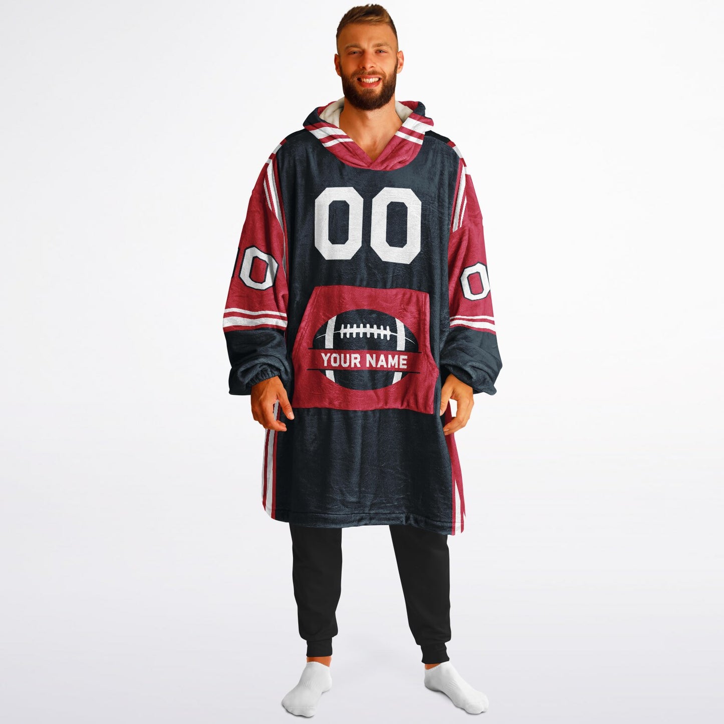 Deep steel blue, red, and white bold snug hoodie with triple color blocking and a sporty aesthetic.