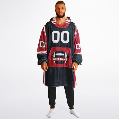 Deep steel blue, red, and white bold snug hoodie with triple color blocking and a sporty aesthetic.