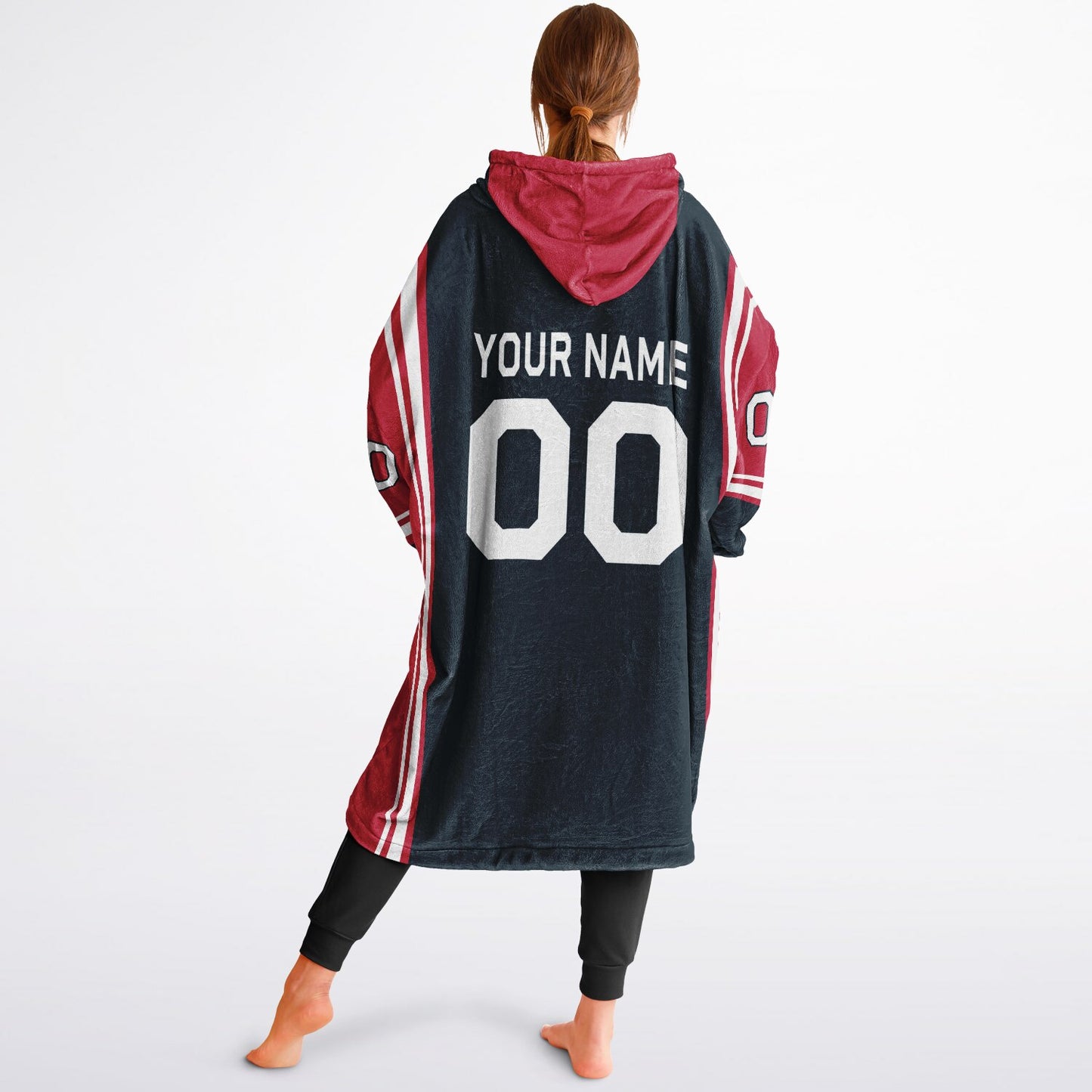 Deep steel blue, red, and white bold snug hoodie with triple color blocking and a sporty aesthetic.