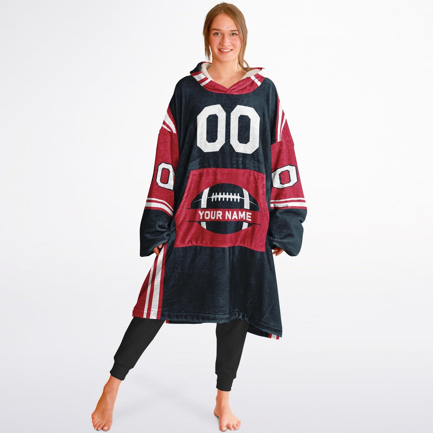 Deep steel blue, red, and white bold snug hoodie with triple color blocking and a sporty aesthetic.