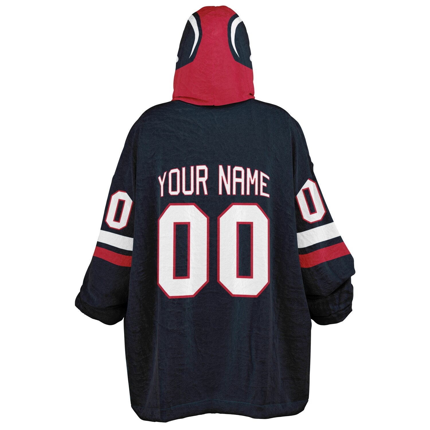 Deep steel blue, red, and white classic snug hoodie featuring authentic jersey striping and personalized number details.