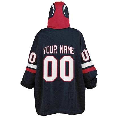 Deep steel blue, red, and white classic snug hoodie featuring authentic jersey striping and personalized number details.