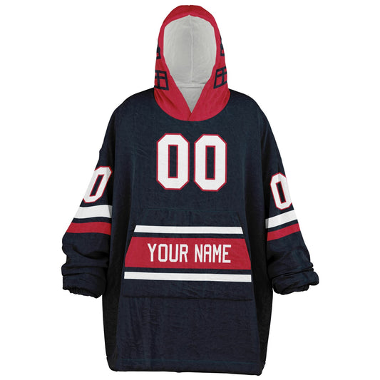 Deep steel blue, red, and white classic snug hoodie featuring authentic jersey striping and personalized number details.
