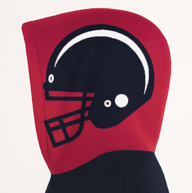 Deep steel blue, red, and white classic snug hoodie featuring authentic jersey striping and personalized number details.