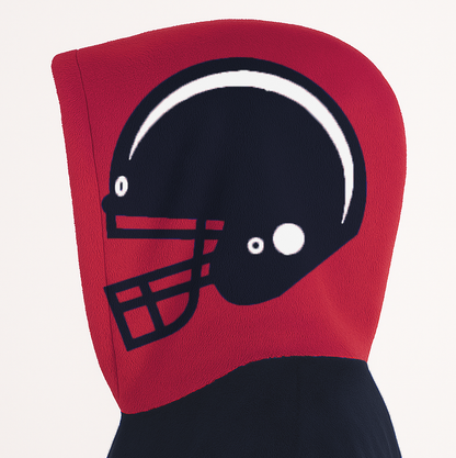 Deep steel blue, red, and white classic snug hoodie featuring authentic jersey striping and personalized number details.