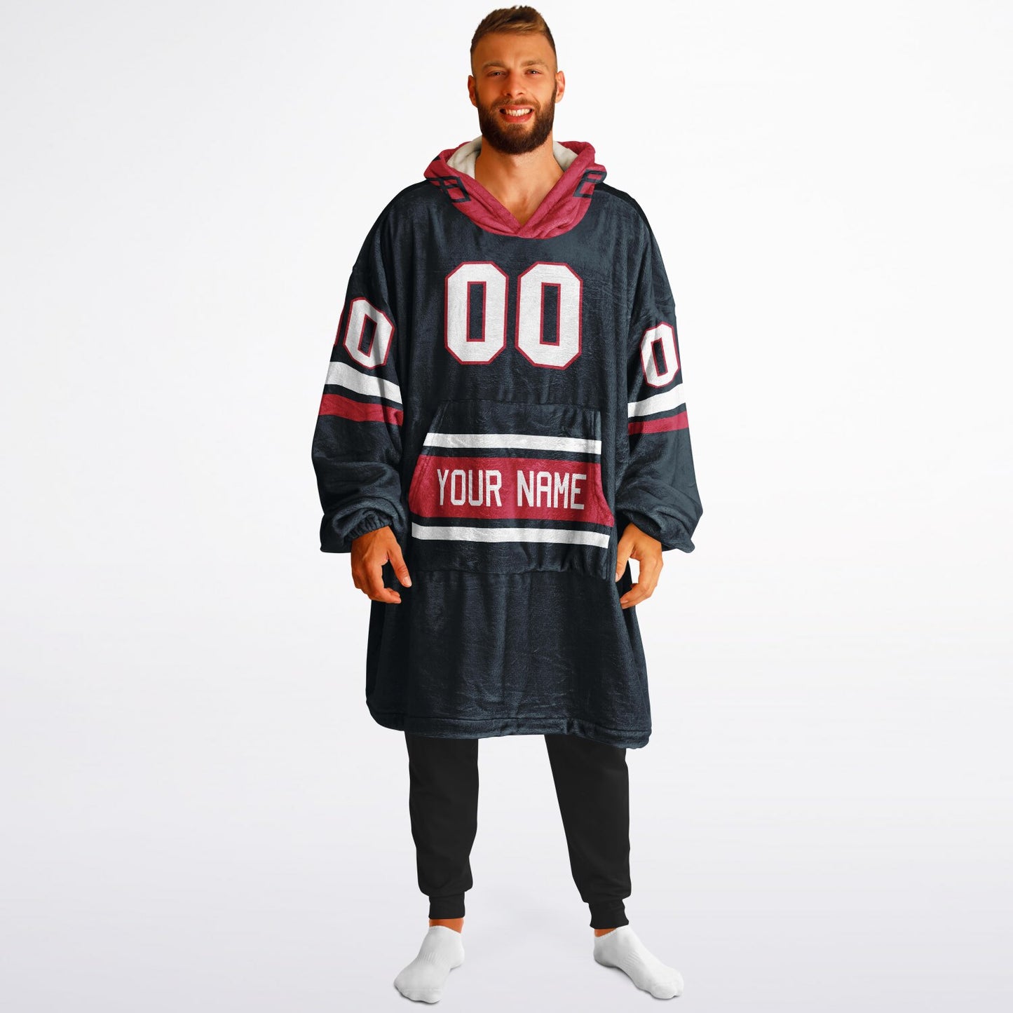 Deep steel blue, red, and white classic snug hoodie featuring authentic jersey striping and personalized number details.