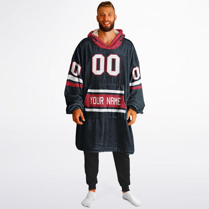 Deep steel blue, red, and white classic snug hoodie featuring authentic jersey striping and personalized number details.