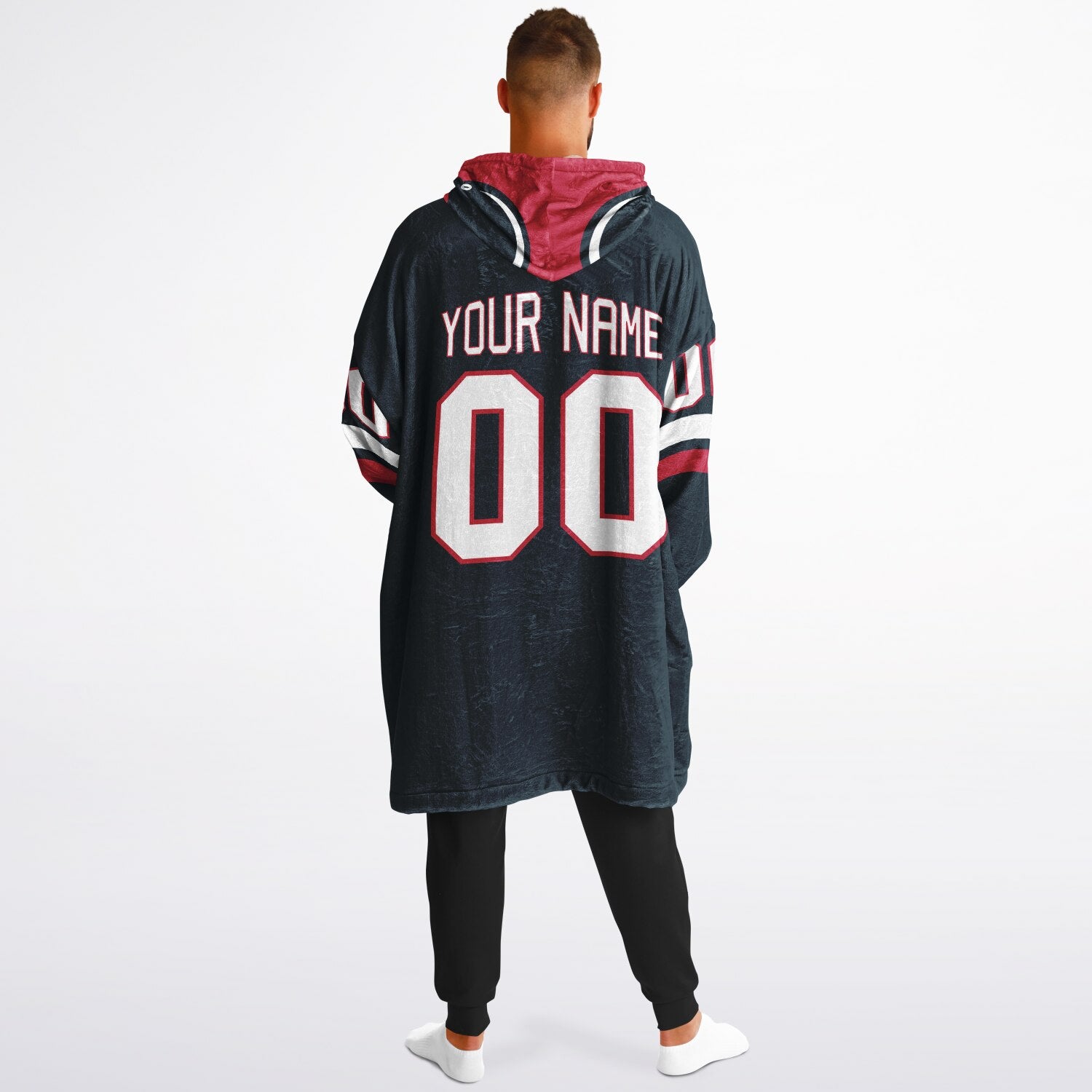 Deep steel blue, red, and white classic snug hoodie featuring authentic jersey striping and personalized number details.