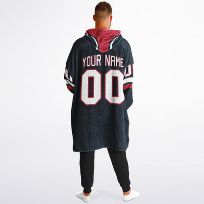 Deep steel blue, red, and white classic snug hoodie featuring authentic jersey striping and personalized number details.