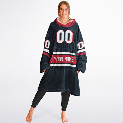 Deep steel blue, red, and white classic snug hoodie featuring authentic jersey striping and personalized number details.