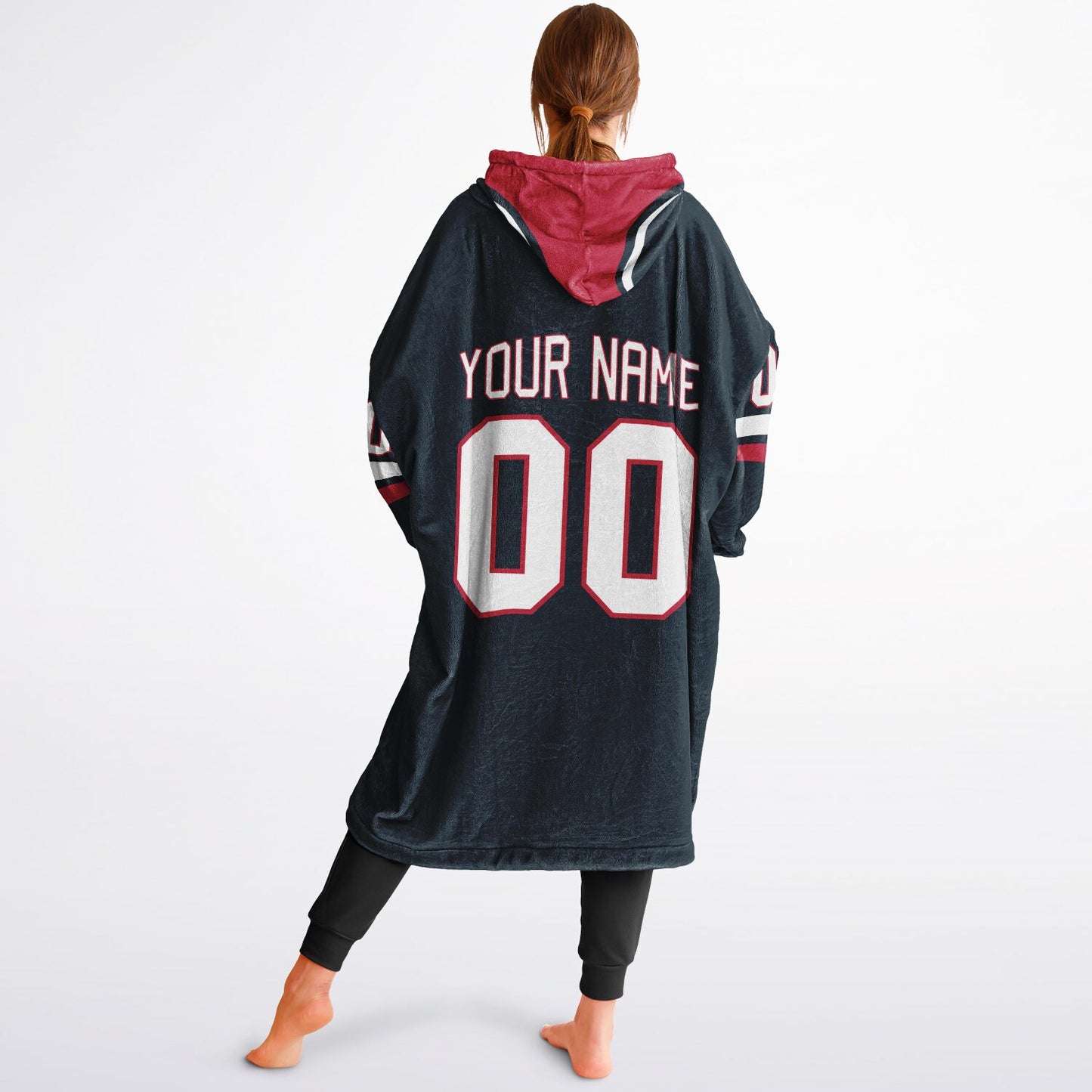 Deep steel blue, red, and white classic snug hoodie featuring authentic jersey striping and personalized number details.