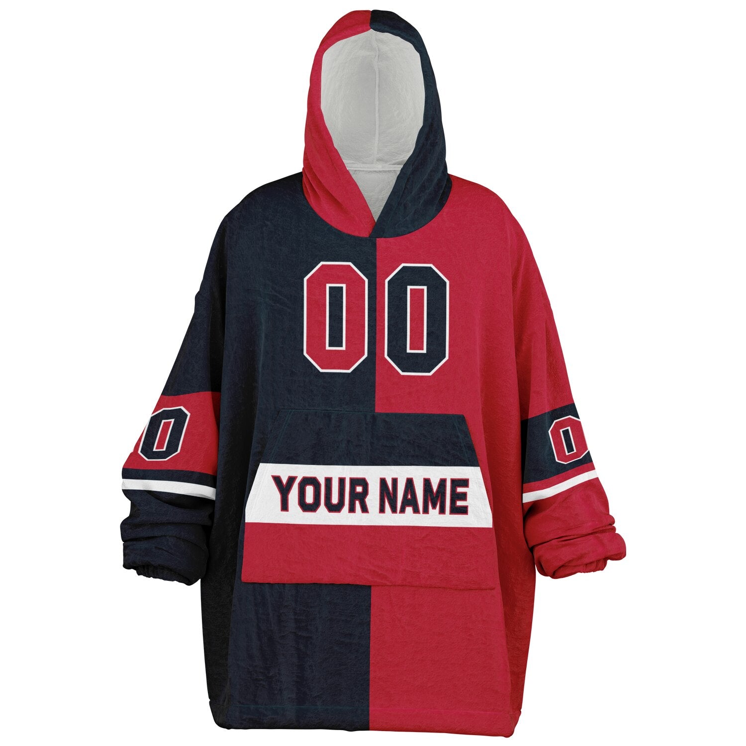 Deep steel blue, red, and white halftime snug hoodie with three-tone split design and cozy fleece texture.