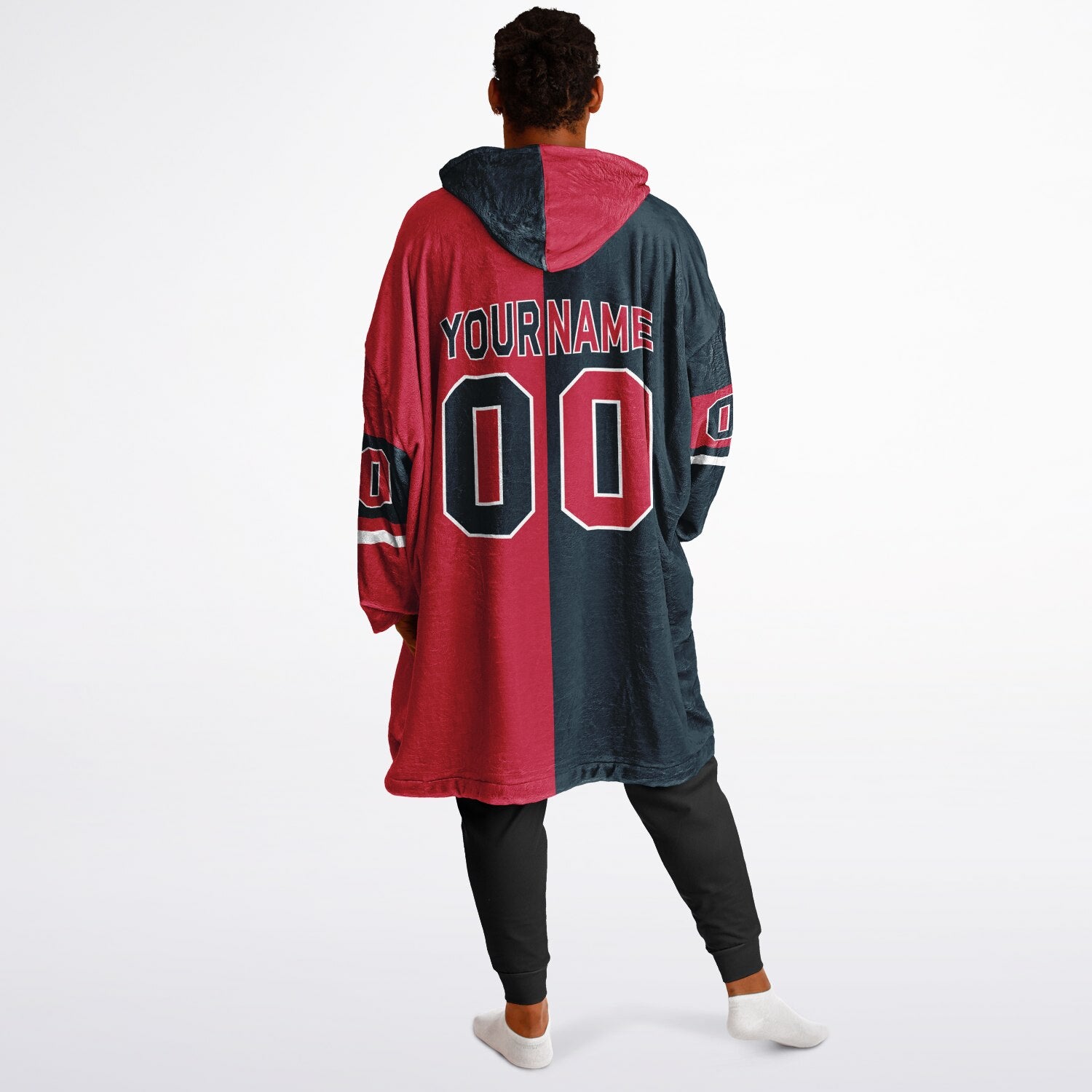 Deep steel blue, red, and white halftime snug hoodie with three-tone split design and cozy fleece texture.