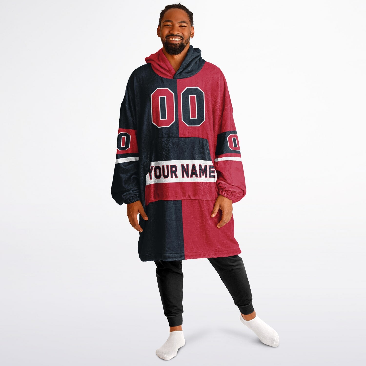 Deep steel blue, red, and white halftime snug hoodie with three-tone split design and cozy fleece texture.