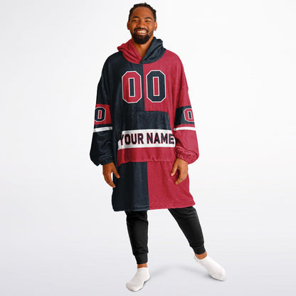 Deep steel blue, red, and white halftime snug hoodie with three-tone split design and cozy fleece texture.