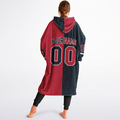 Deep steel blue, red, and white halftime snug hoodie with three-tone split design and cozy fleece texture.