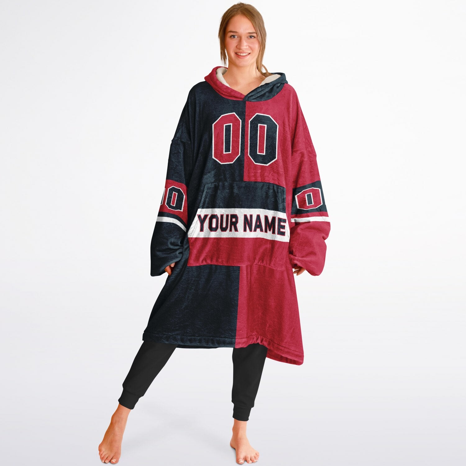 Deep steel blue, red, and white halftime snug hoodie with three-tone split design and cozy fleece texture.