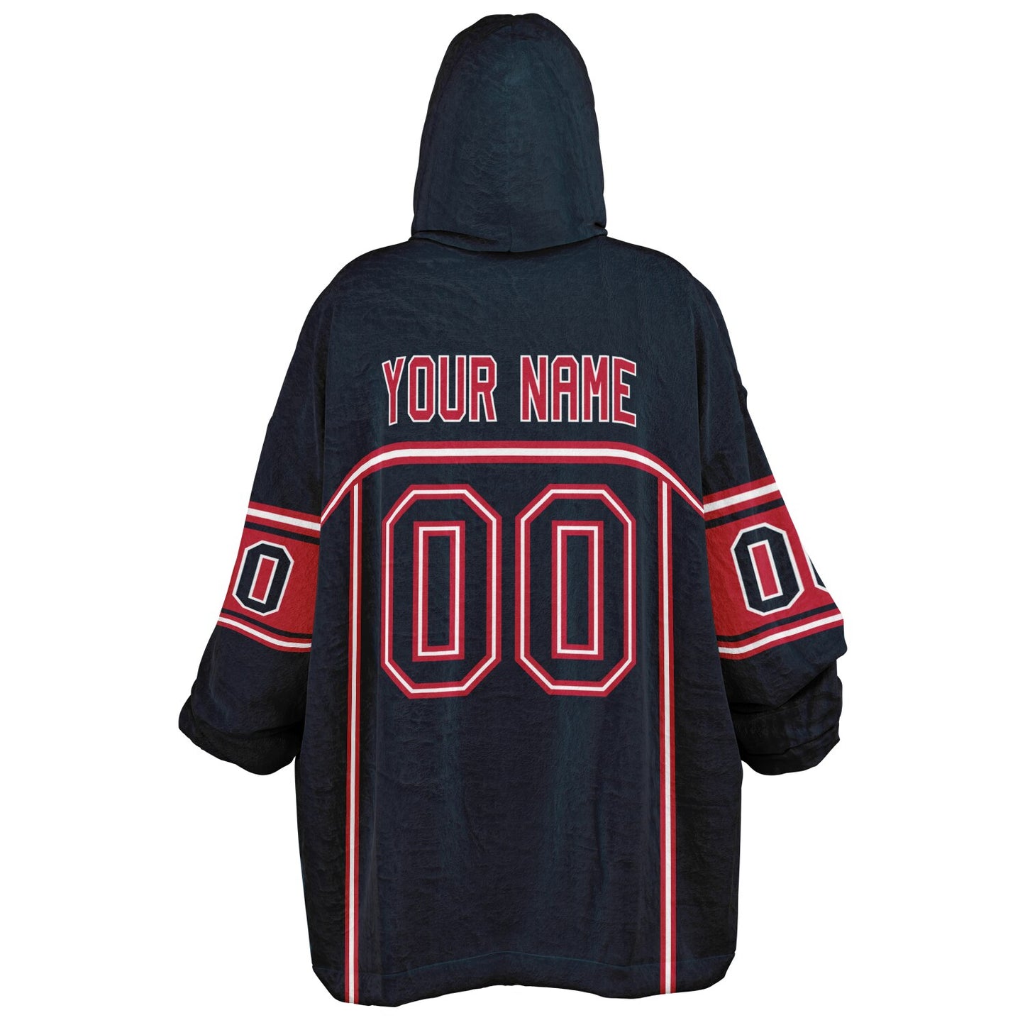 Deep steel blue, red, and white lineup snug hoodie with clean line work and subtle jersey influence.