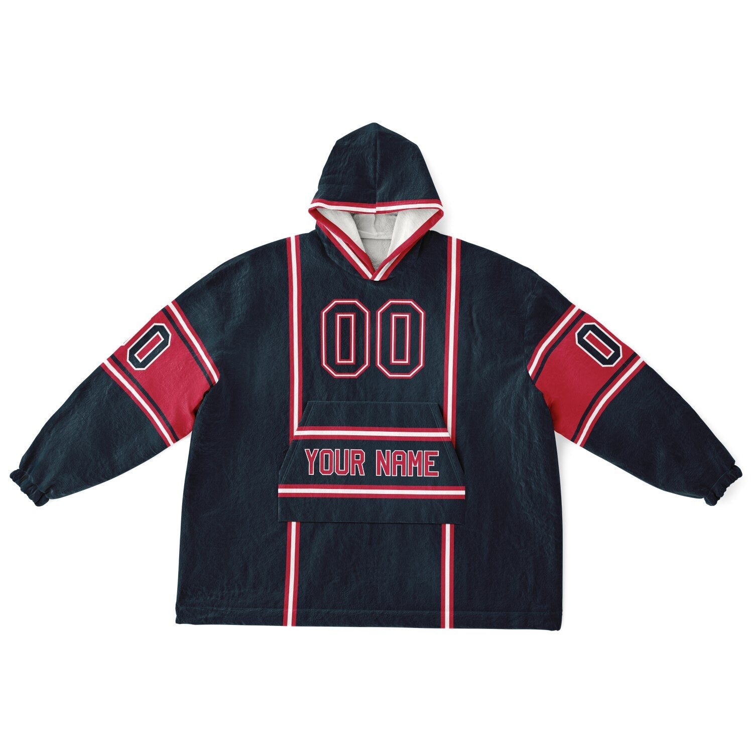 Deep steel blue, red, and white lineup snug hoodie with clean line work and subtle jersey influence.